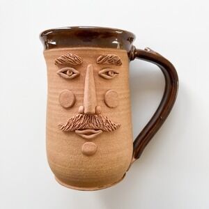 Handmade Pottery Face Mood Mustache Mug Brown Signed